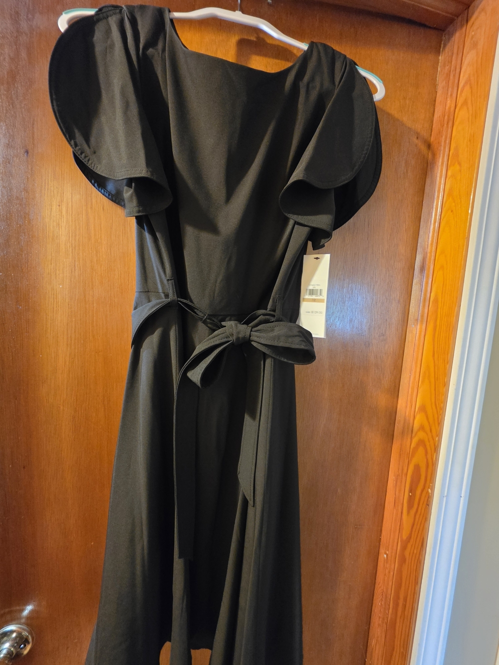 Calvin Klein Black Midi Dress with Tie Waist and Flutter Sleeves
